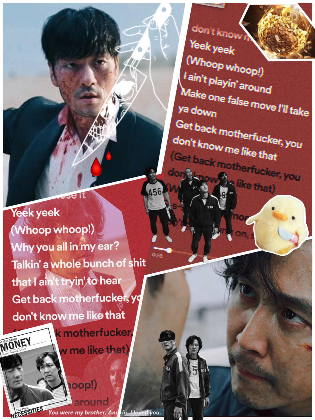 a red colored 'moodboard' or collage of Gihun and Sangwoo Not Getting Along complete with Get Back by Ludacris lyrics
